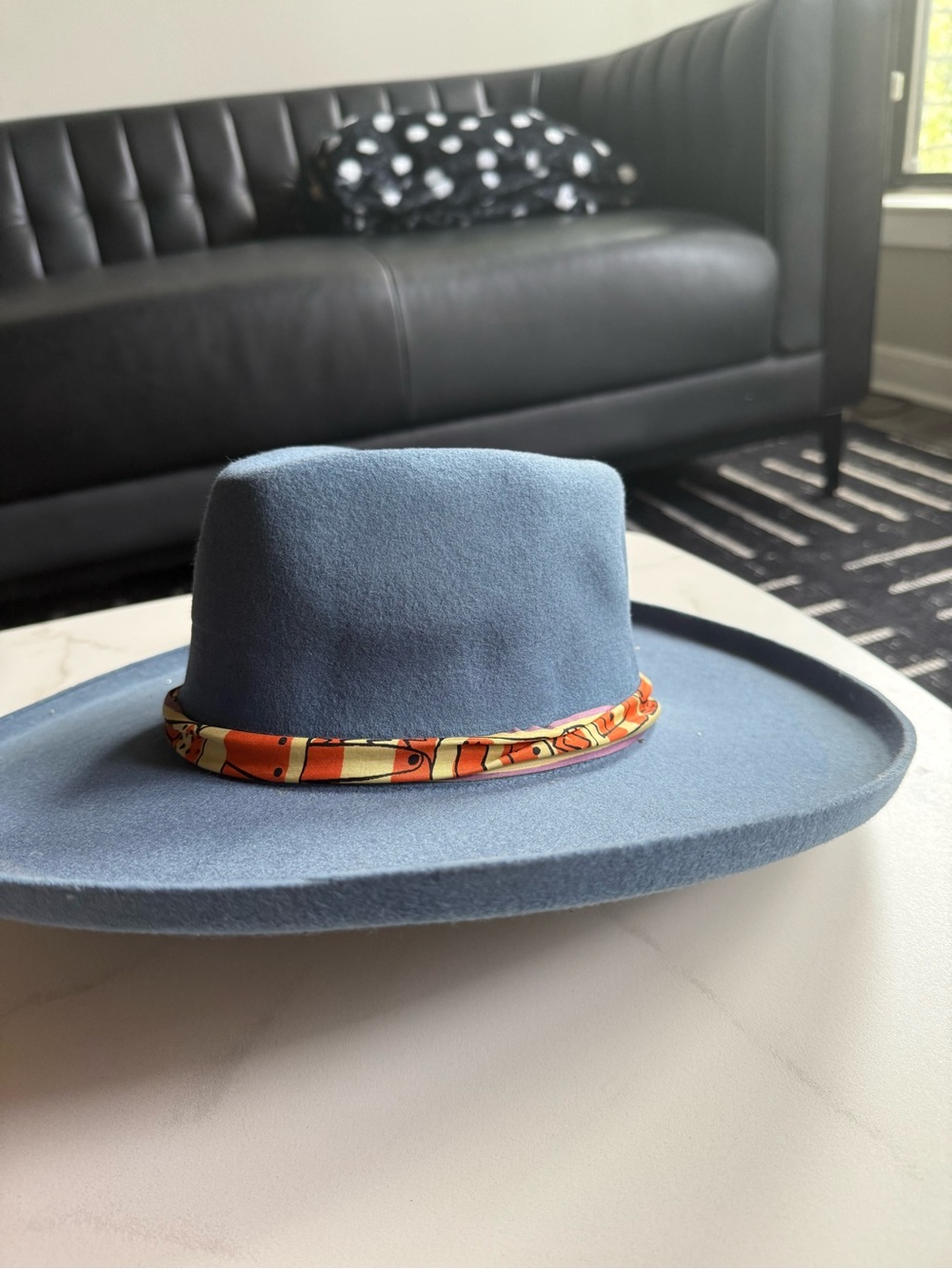 Free People Wide-Brim Light Blue Wool Felt Hat with Orange Scarf Band